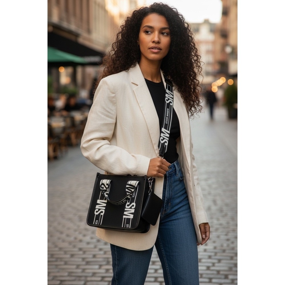 Steve Madden B-Dignity Tote Bag Womens Mini Black White NEW Logo Crossbody Strap